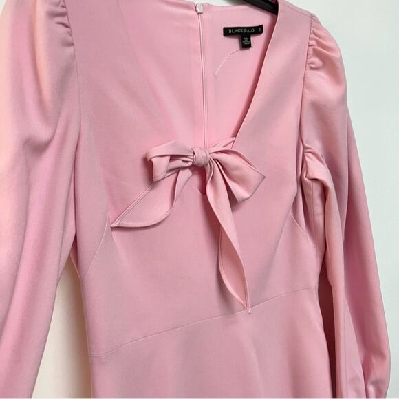 Black Halo Ellen Mini Dress Pink Bow Tie Puff Sleeve Preppy Coquette 8 $375 - Picture 6 of 12
